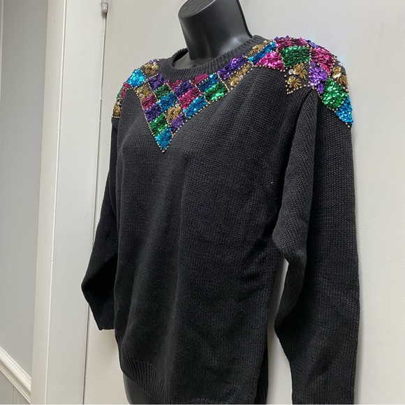Vintage 80's Bonnie Evans Black Knit Sweater with Rainbow Sequins Sz: Small - Picture 2 of 5